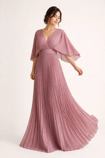 Women's V-Neck Pleated Maxi Wedding Guest Dress | Carol in Pink
