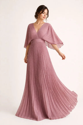 Women's V-Neck Pleated Maxi Wedding Guest Dress | Carol in Pink