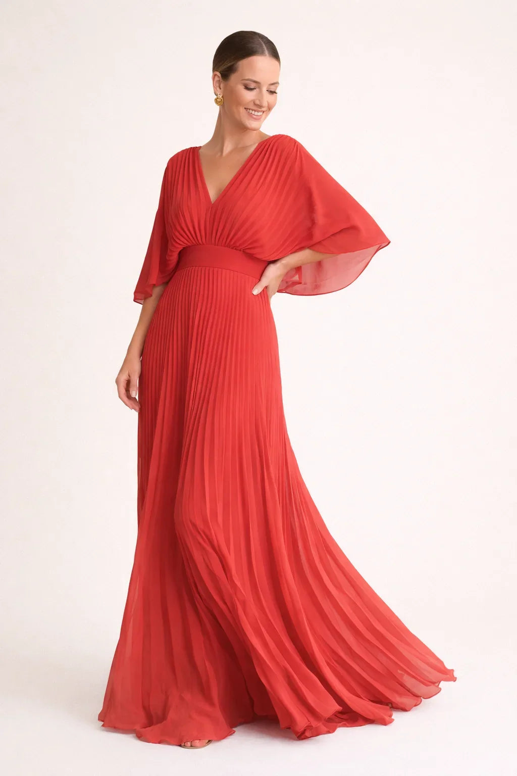 Women's V-Neck Pleated Maxi Wedding Guest Dress | Carol in Red