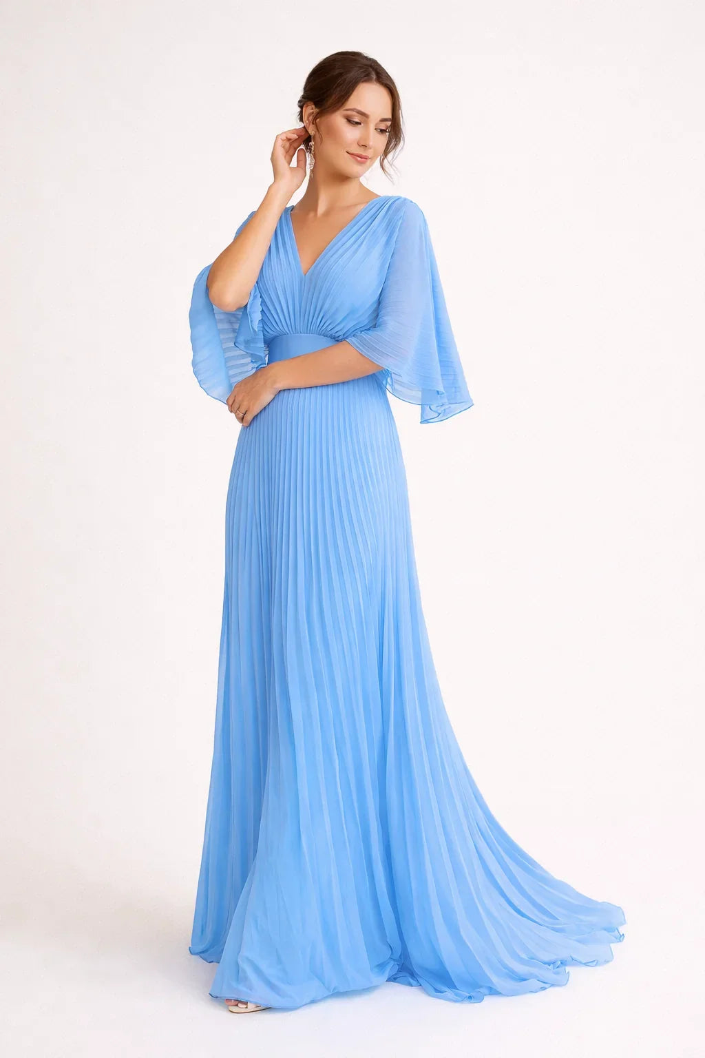 Women's V-Neck Pleated Maxi Wedding Guest Dress | Carol in Light Blue