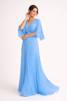 Women's V-Neck Pleated Maxi Wedding Guest Dress | Carol in Light Blue