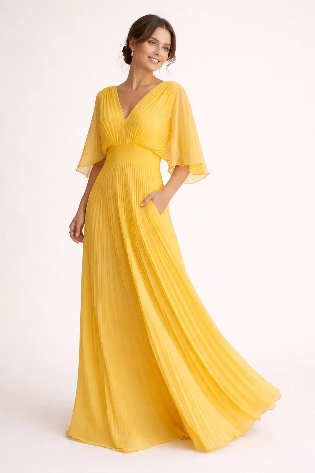 Women's V-Neck Pleated Maxi Wedding Guest Dress | Carol in Yellow