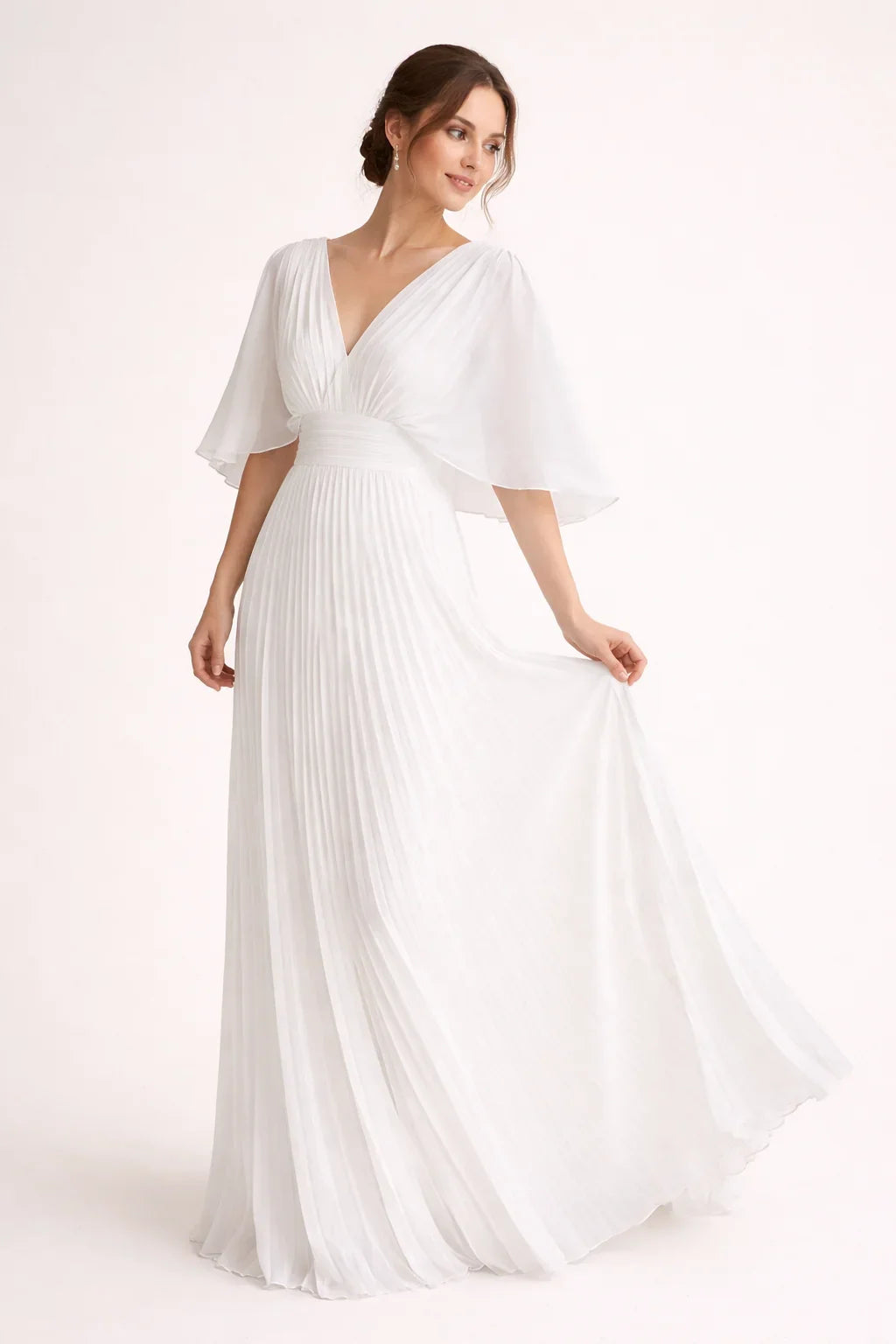 Women's V-Neck Pleated Maxi Wedding Guest Dress | Carol in White