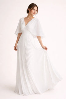 Women's V-Neck Pleated Maxi Wedding Guest Dress | Carol in White