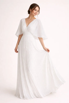 Women's V-Neck Pleated Maxi Wedding Guest Dress | Carol in White