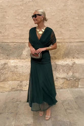 Women's Draped V-Neck Maxi Wedding Guest Dress | Charlotte in Green