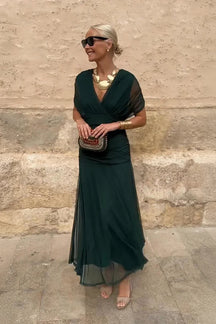 Women's Draped V-Neck Maxi Wedding Guest Dress | Charlotte in Green