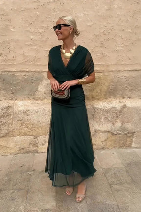 Women's Draped V-Neck Maxi Wedding Guest Dress | Charlotte in Green