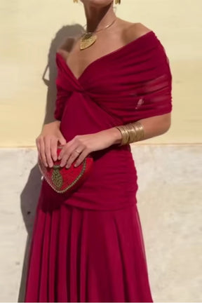 Women's Draped V-Neck Maxi Wedding Guest Dress | Charlotte in Red