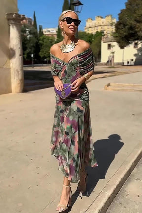 Women's Draped V-Neck Maxi Wedding Guest Dress | Charlotte in Multicolor Green