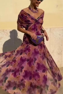 Women's Draped V-Neck Maxi Wedding Guest Dress | Charlotte in Multicolor Purple