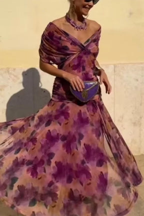 Women's Draped V-Neck Maxi Wedding Guest Dress | Charlotte in Multicolor Purple