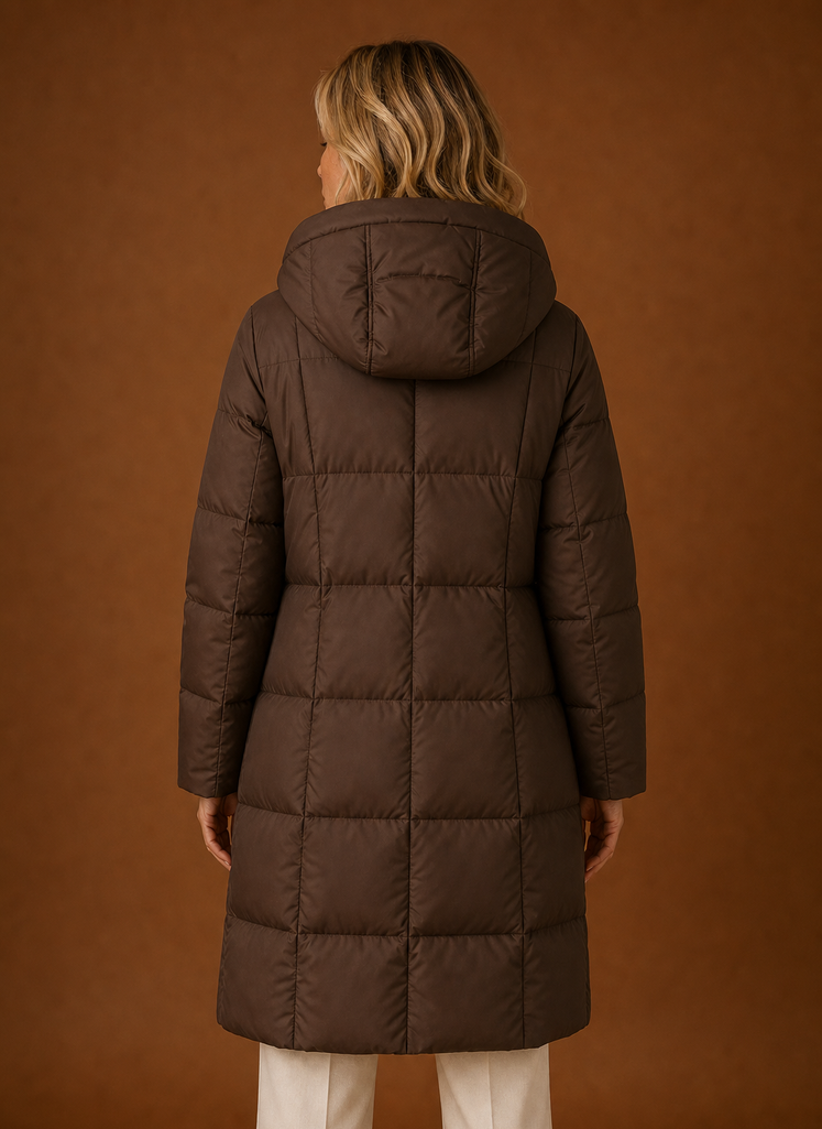 Women's Long Hooded Quilted Winter Jacket | Vittoria in Chocolate Brown - Juana Fashion