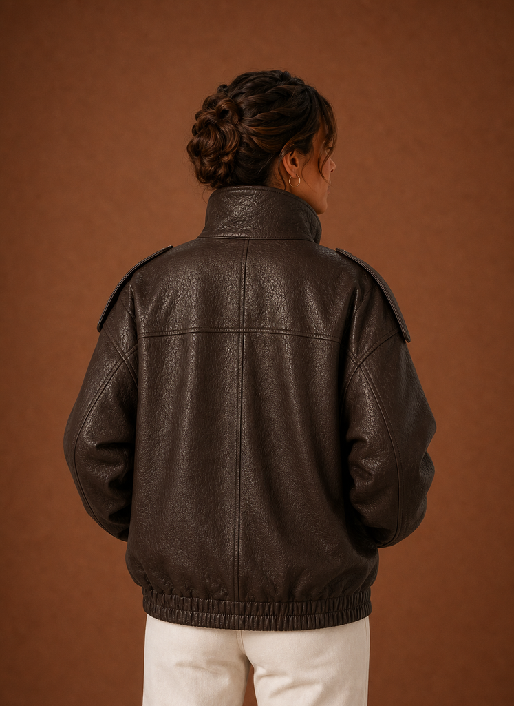 Women's Relaxed High-Collar Jacket | Adela in Chocolate Brown - Juana Fashion