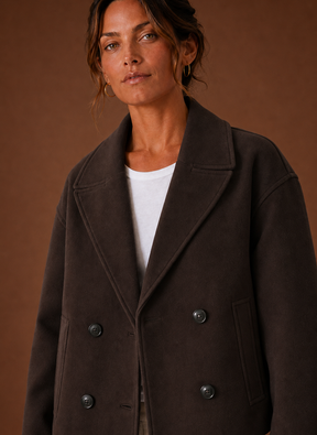 Women's Short Double-Breasted Coat with Wide Lapels | Elena in Chocolate Brown - Juana Fashion