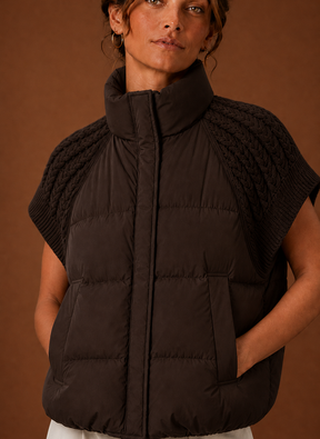 Women's Quilted Vest with Knit Shoulder Panels | Laura in Chocolate Brown - Juana Fashion