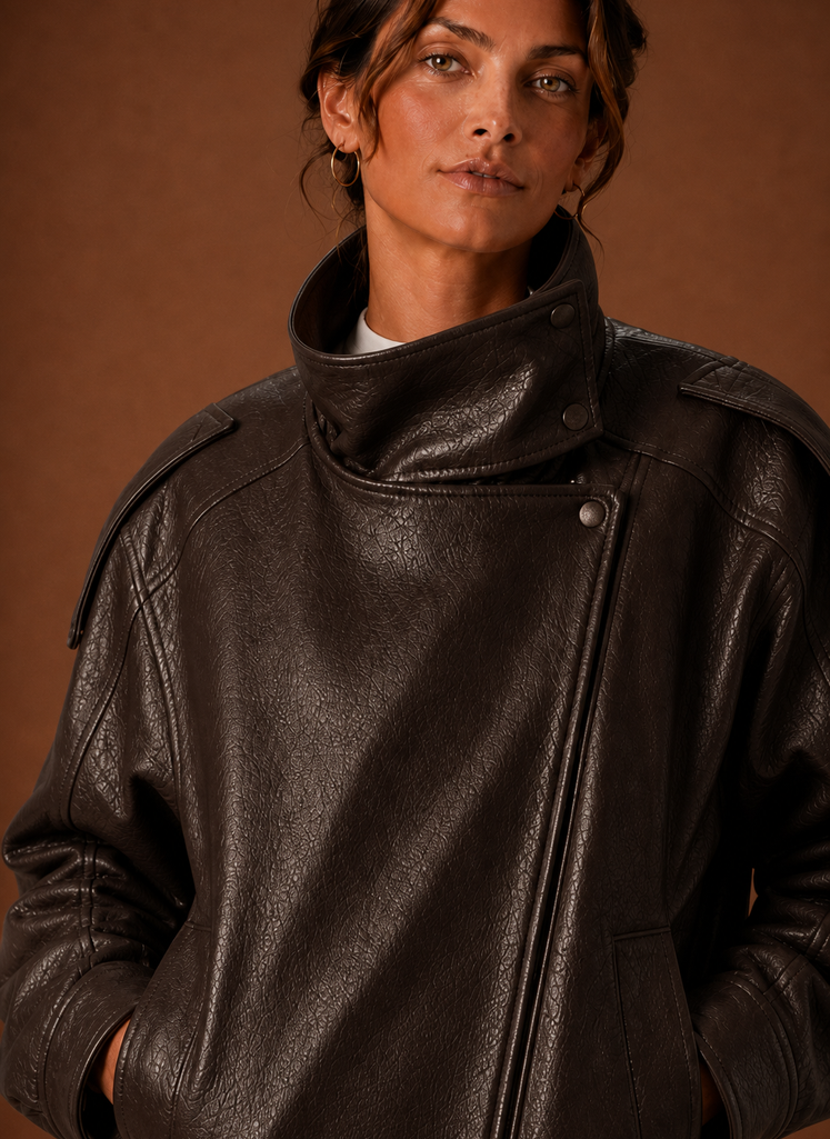 Women's Relaxed High-Collar Jacket | Adela in Chocolate Brown - Juana Fashion