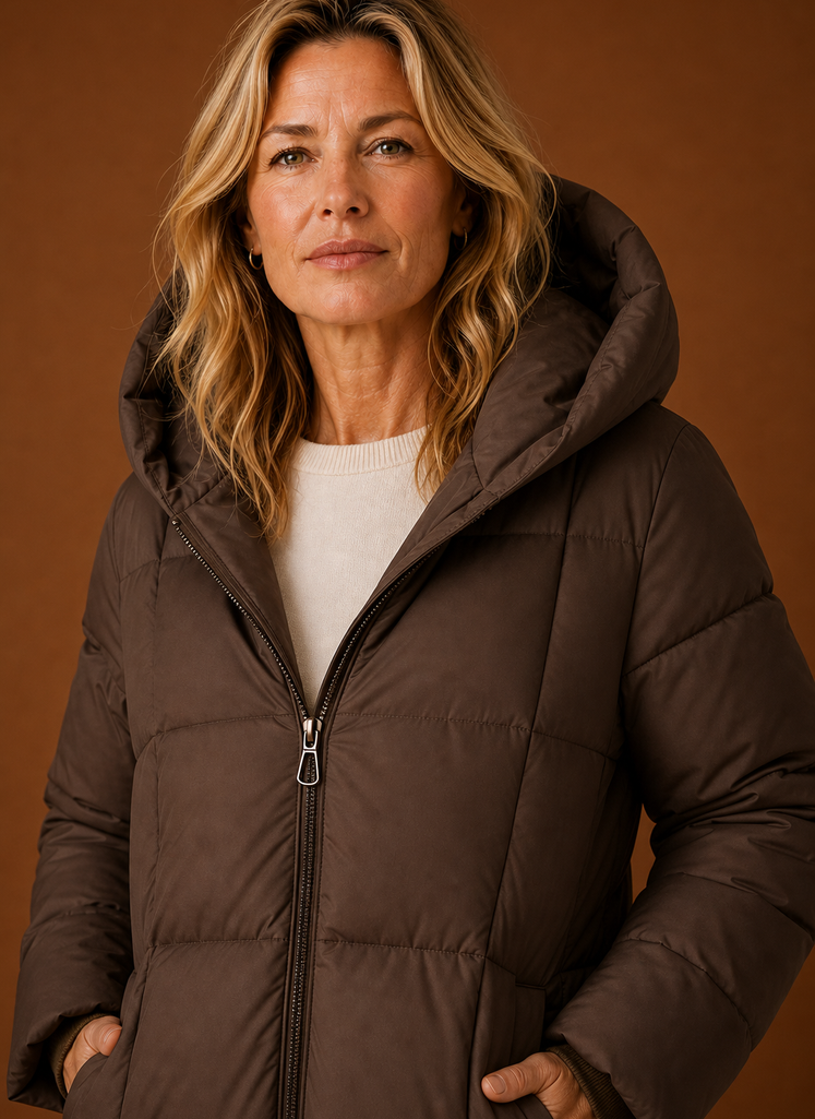 Women's Long Hooded Quilted Winter Jacket | Vittoria in Chocolate Brown - Juana Fashion