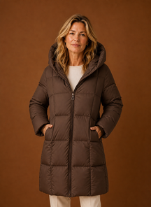 Women's Long Hooded Quilted Winter Jacket | Vittoria in Chocolate Brown - Juana Fashion