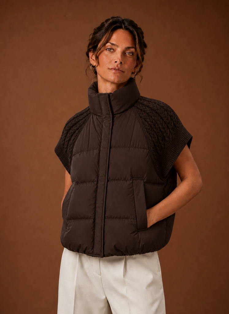 Women's Quilted Vest with Knit Shoulder Panels | Laura in Black - Juana Fashion