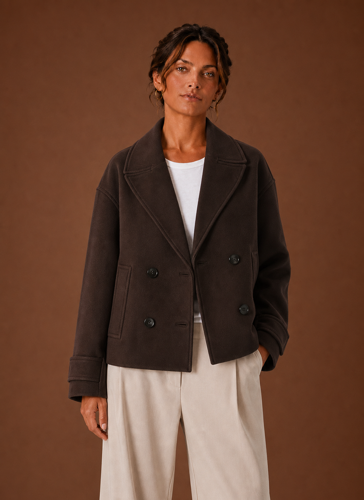 Women's Short Double-Breasted Coat with Wide Lapels | Elena in Chocolate Brown - Juana Fashion