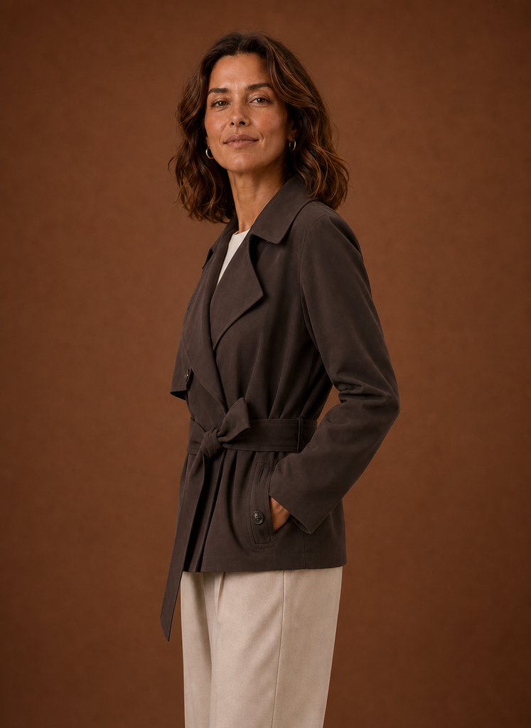 Women's Short Belted Trench Coat | Giulia in Chocolate Brown - Juana Fashion