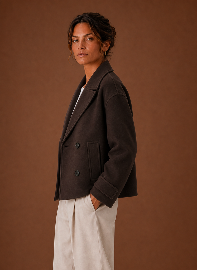 Women's Short Double-Breasted Coat with Wide Lapels | Elena in Chocolate Brown - Juana Fashion