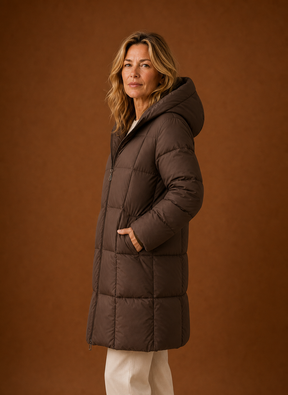 Women's Long Hooded Quilted Winter Jacket | Vittoria in Chocolate Brown - Juana Fashion