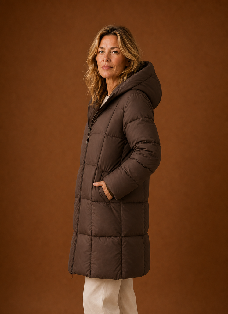 Women's Long Hooded Quilted Winter Jacket | Vittoria in Chocolate Brown - Juana Fashion