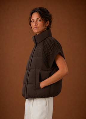 Women's Quilted Vest with Knit Shoulder Panels | Laura in Chocolate Brown - Juana Fashion