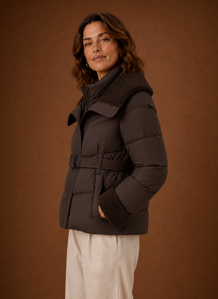 Women's Belted Quilted Winter Jacket | Serena in Chocolate Brown - Juana Fashion