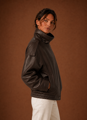 Women's Relaxed High-Collar Jacket | Adela in Chocolate Brown - Juana Fashion