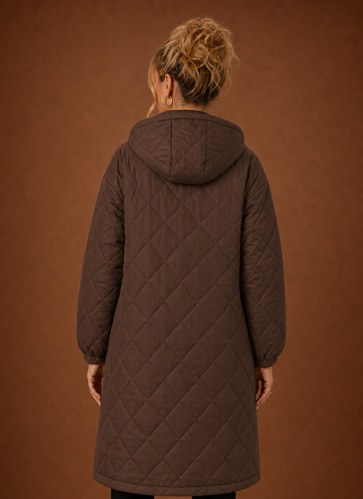 Women's Long Hooded Quilted Winter Coat | Lucia in Brown - Juana Fashion