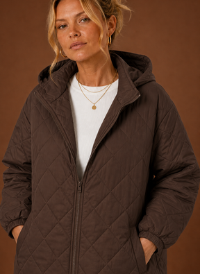 Women's Long Hooded Quilted Winter Coat | Lucia in Brown - Juana Fashion