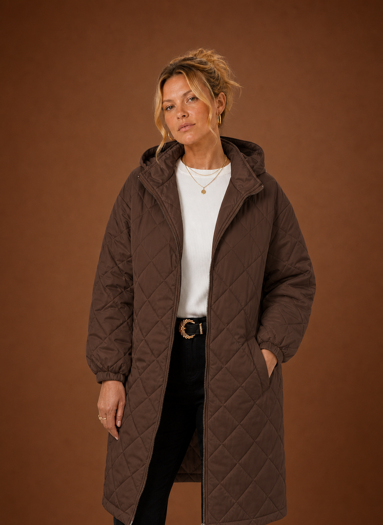 Women's Long Hooded Quilted Winter Coat | Lucia in White - Juana Fashion