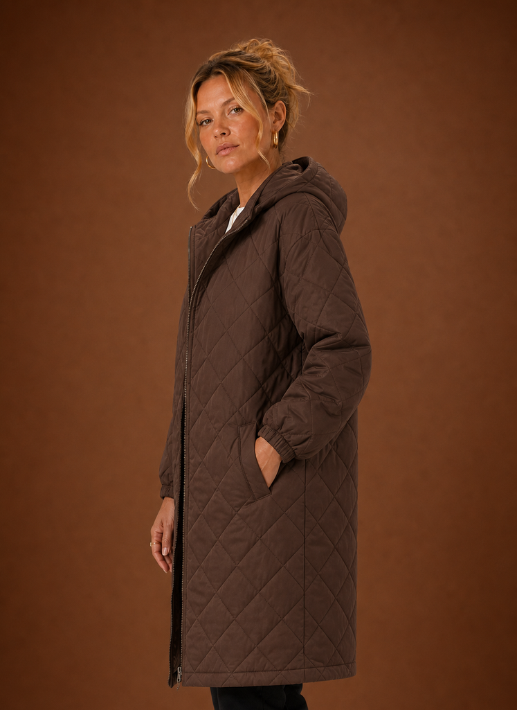 Women's Long Hooded Quilted Winter Coat | Lucia in Burgundy - Juana Fashion