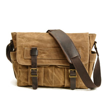 Waxed Canvas Messenger Bag with Leather Trim in Khaki by Juana Fashion