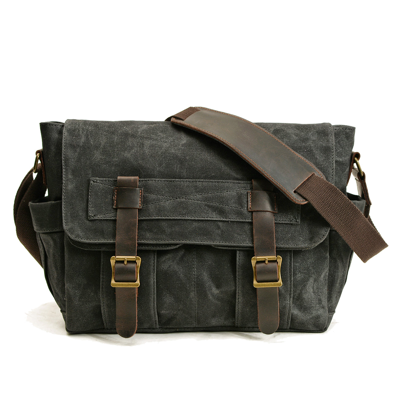 Waxed Canvas Messenger Bag with Leather Trim in Dark Gray by Juana Fashion