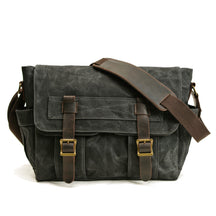 Waxed Canvas Messenger Bag with Leather Trim in Dark Gray by Juana Fashion