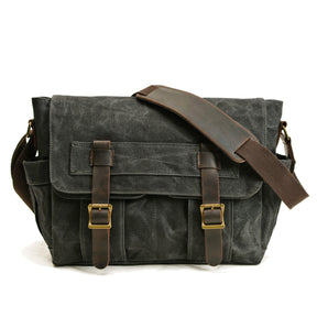 Waxed Canvas Messenger Bag with Leather Trim in Dark Gray by Juana Fashion