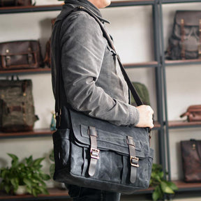 Waxed Canvas Messenger Bag with Leather Trim by Juana Fashion