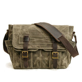 Waxed Canvas Messenger Bag with Leather Trim in Army Green by Juana Fashion