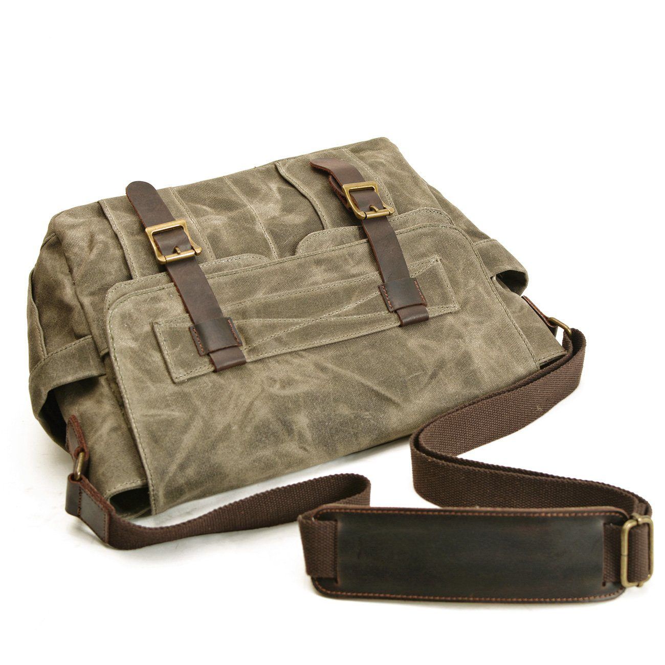 Waxed Canvas Messenger Bag with Leather Trim by Juana Fashion