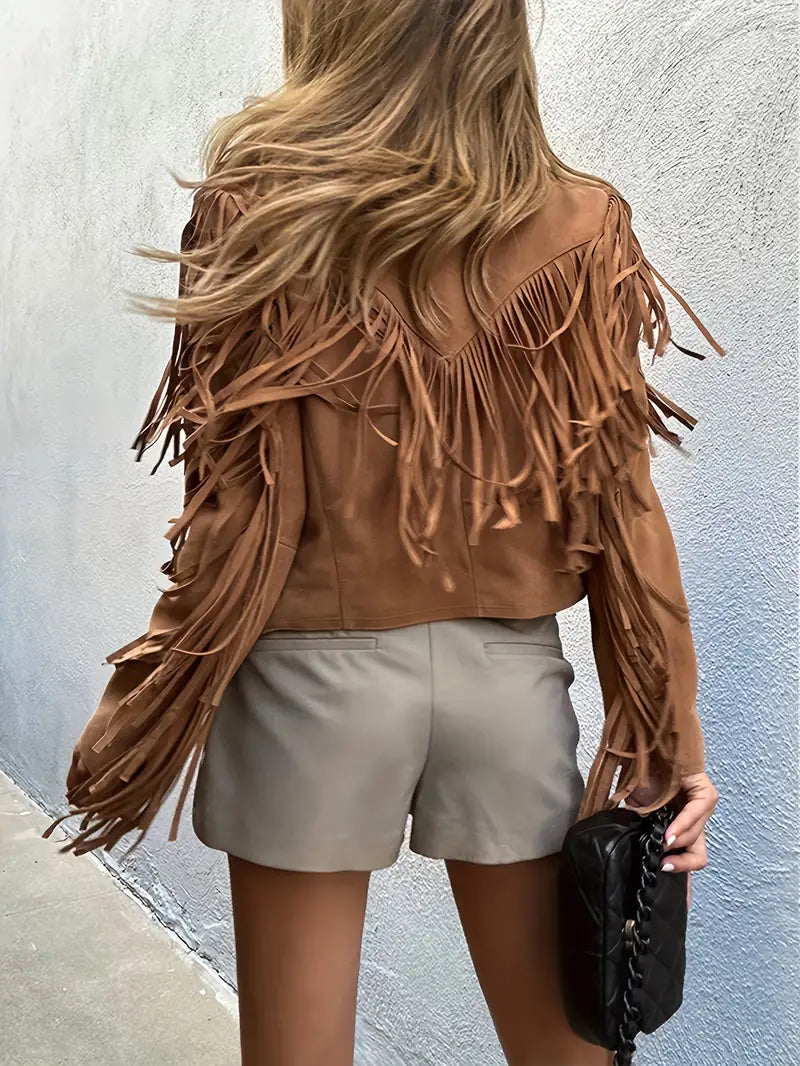 Women's Faux Suede Fringe Jacket | Natalie in Brown - Juana Fashion