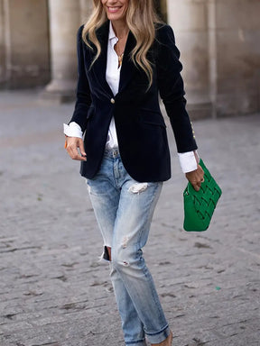 Women's Classic Single-Button Blazer | Sabina in Blue - Juana Fashion