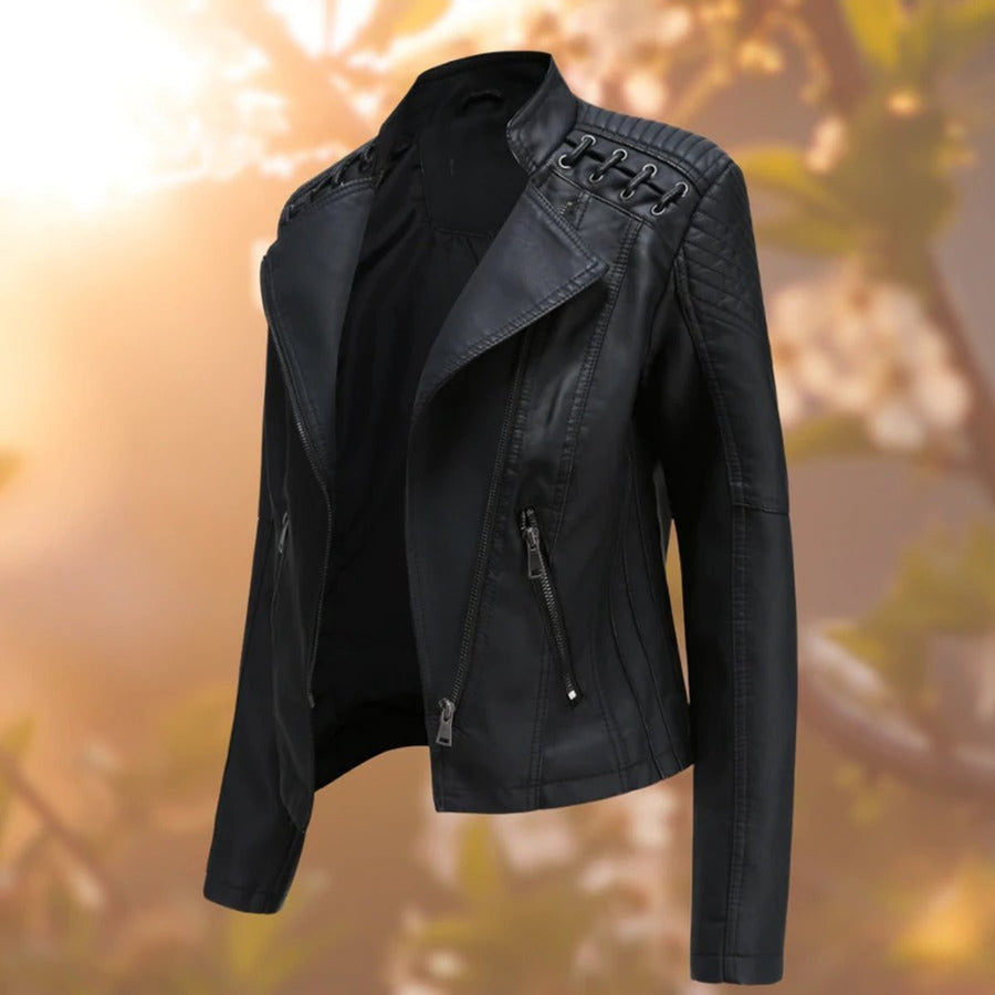 Women's Faux Leather Biker Jacket with Shoulder Details | Elisabeth in Black - Juana Fashion