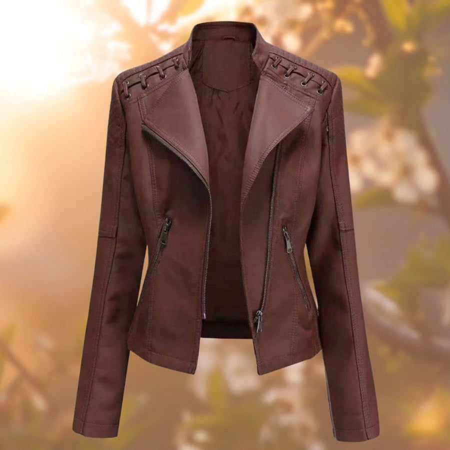 Women's Faux Leather Biker Jacket with Shoulder Details | Elisabeth in Black - Juana Fashion