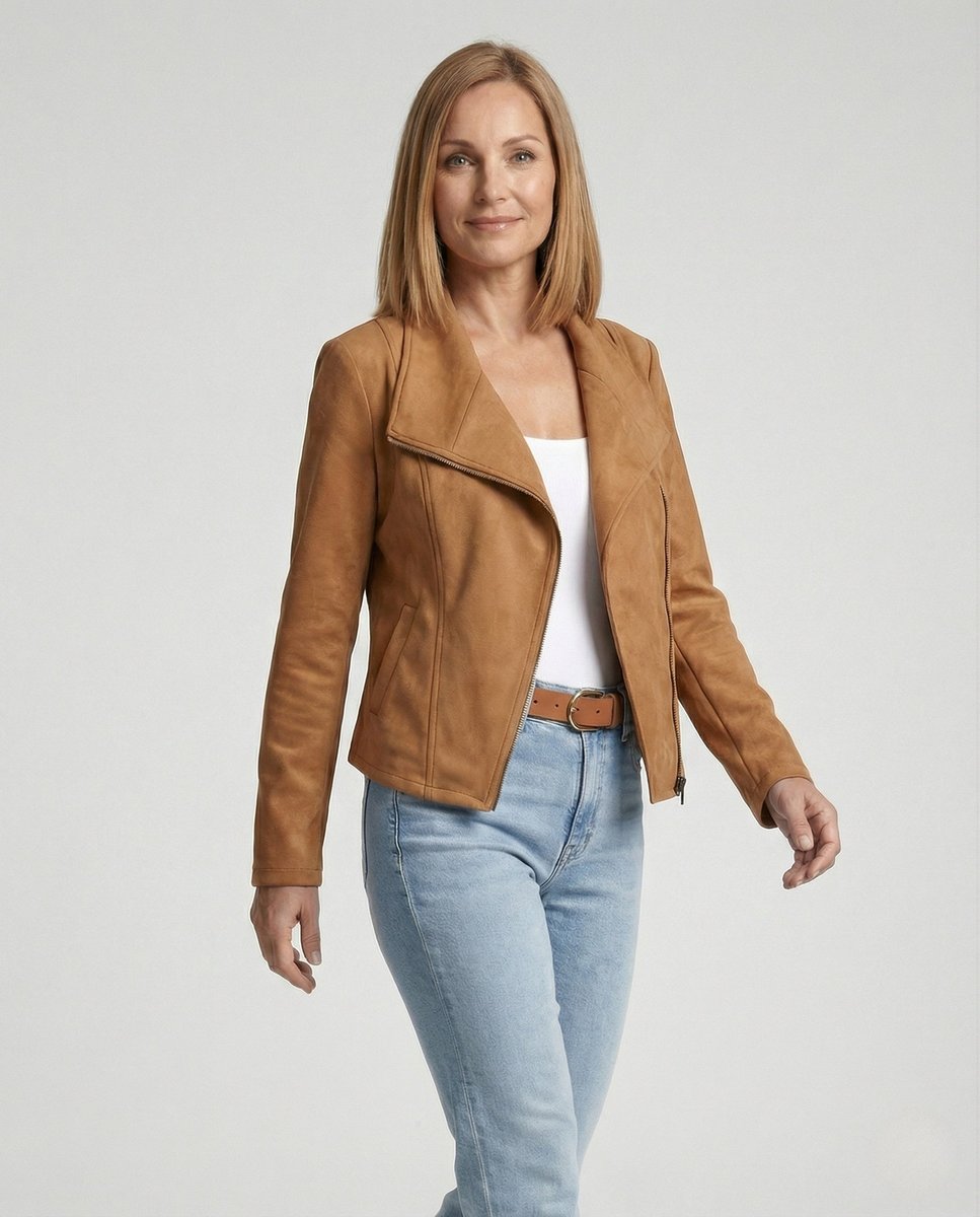 Women's Faux Suede Biker Jacket | Nora in Camel - Juana Fashion