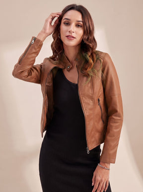 Women's Fitted Faux Leather Biker Jacket | Lena in Brown - Juana Fashion