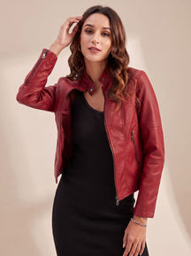Women's Fitted Faux Leather Biker Jacket | Lena in Red - Juana Fashion